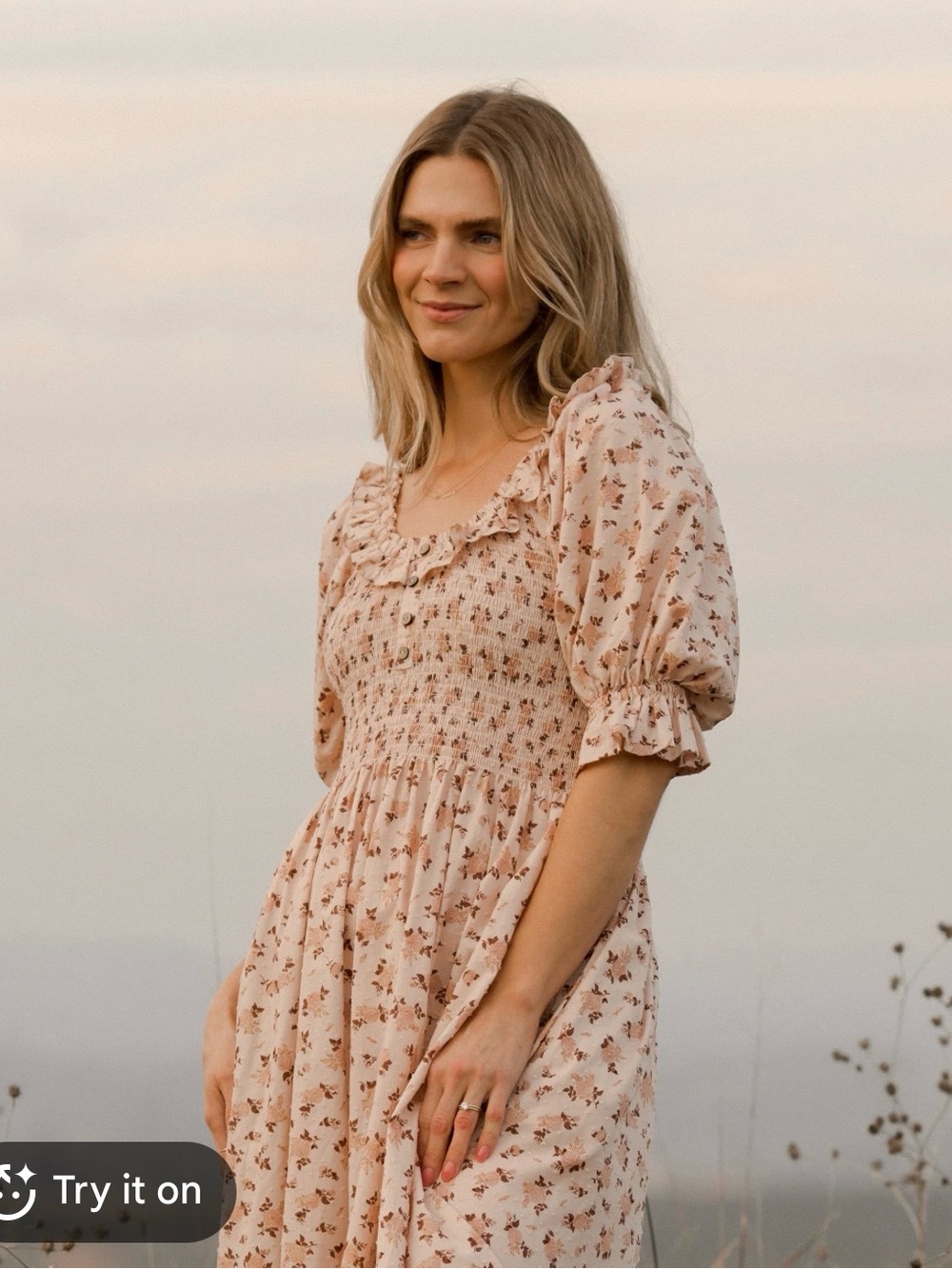 Rylee + Cru Lexi Harvest Smocked Ruffle-Neck Floral Midi Dress